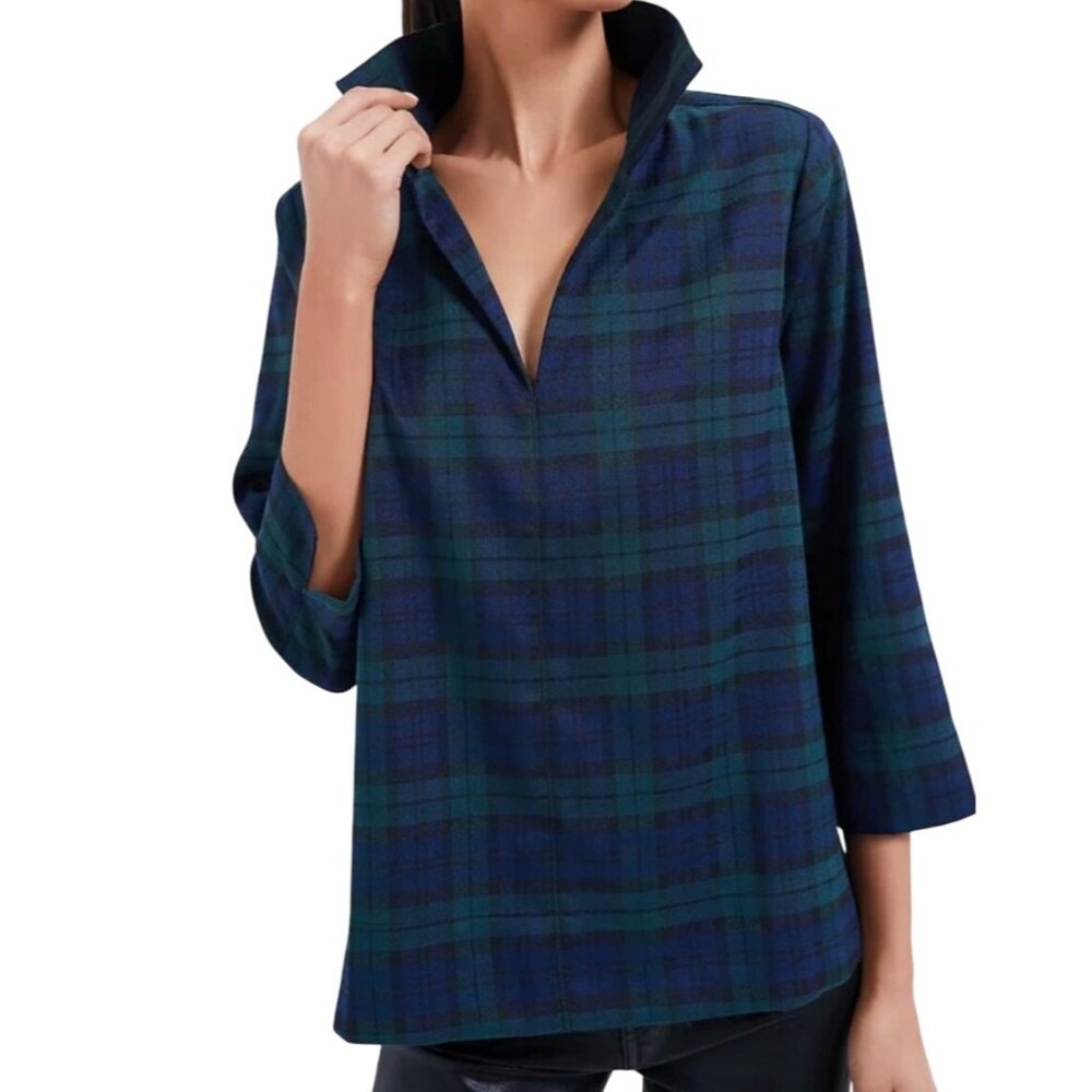 Tuckernuck Blackwatch Sullivan Stand Collar Plaid Popover Blouse Sz LG Preppy